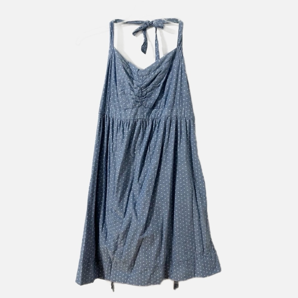 Motherhood Blue Leaf Design Pattern Halter Dress Adjustable Straps Rushing Back